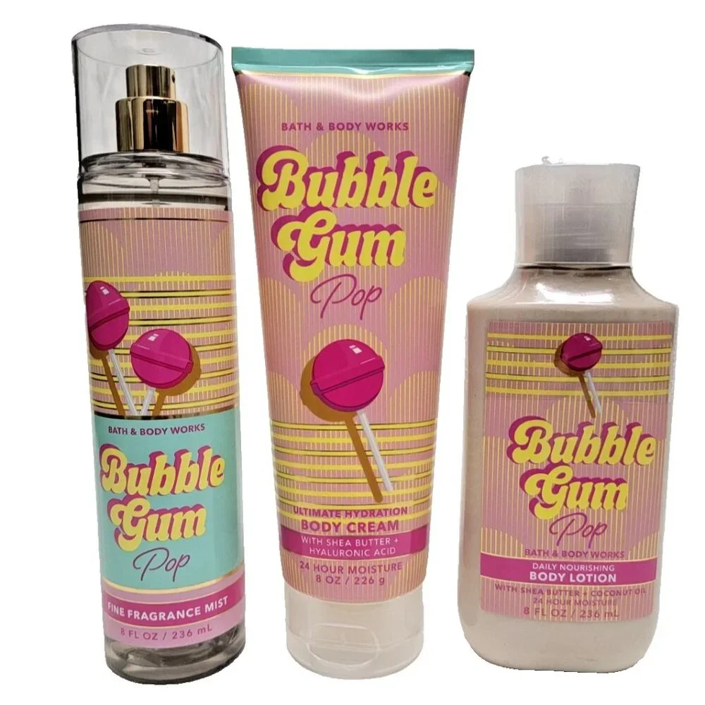 Bath & Body Works BUBBLE GUM POP Fine Fragrance Mist Body Cream Body Lotion SET - Picture 1 of 2
